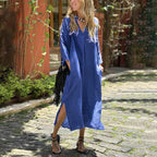 Women's Relaxed Fit Midi Dress - V-Neck, 3/4 Sleeve, Linen Cotton with Pockets Blue