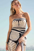 Women's Slim Fit Shellprint Co-ord Set – Strapless Top & High Waist Midi Skirt with Split Black