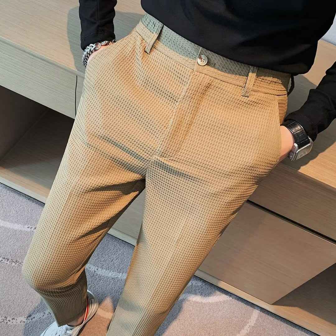 Men's Slim Fit Cropped Trousers – Textured Fabric – Modern Smart Casual Khaki