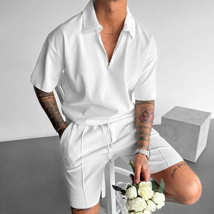 Men's Polo and Shorts Set – Relaxed Fit – Zipper Neck – Breathable Fabric – Drawstring Waist