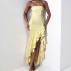 Women's Slim Fit Strapless Dress with Asymmetrical Ruffle Hem – Elegant Eveningwear Yellow