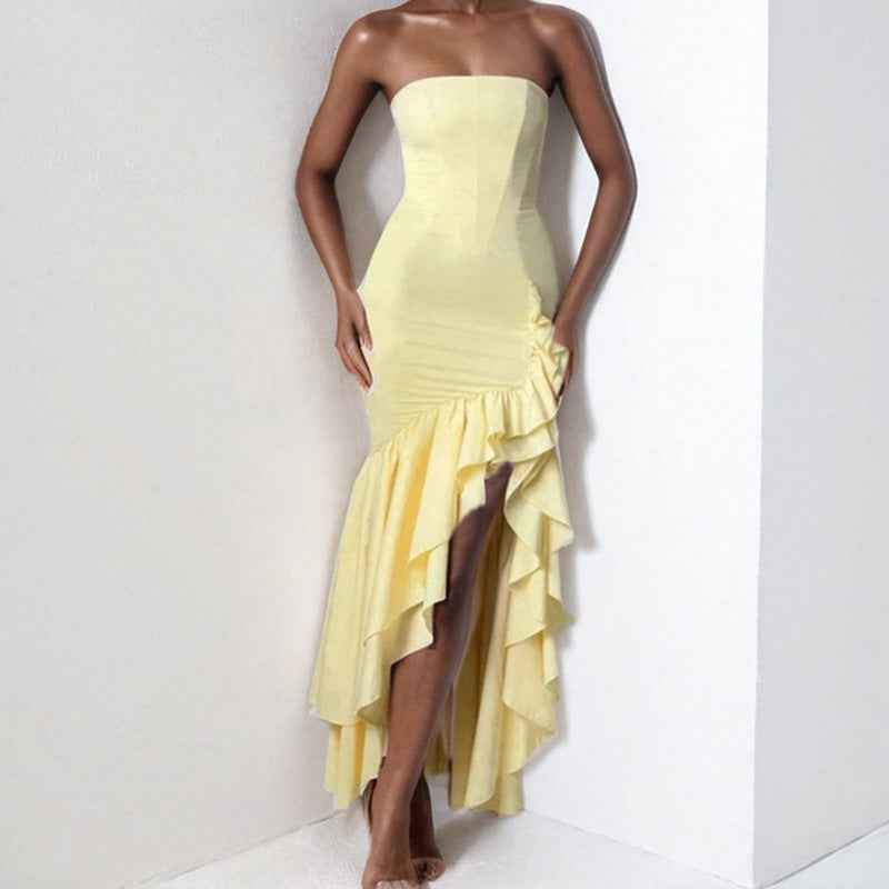 Women's Slim Fit Strapless Dress with Asymmetrical Ruffle Hem – Elegant Eveningwear Yellow