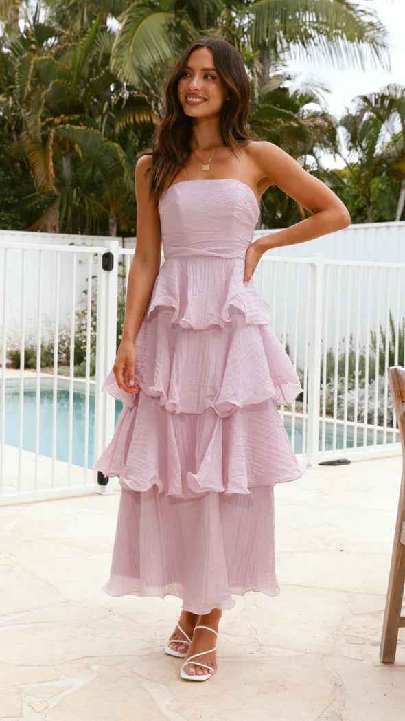 Women's Midi A-Line Strapless Dress with Fitted Bodice and Airy Ruffle Tiers