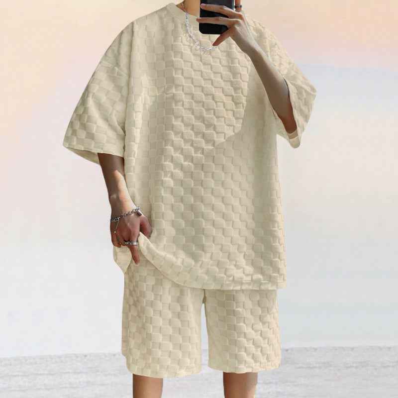 Men's Casual Shirt and Shorts Set – Soft Loose Fit Jacquard Knit Khaki