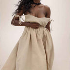 Women's A-line Midi Dress with V-neck, Open Back, Adjustable Straps, and Side Split Khaki