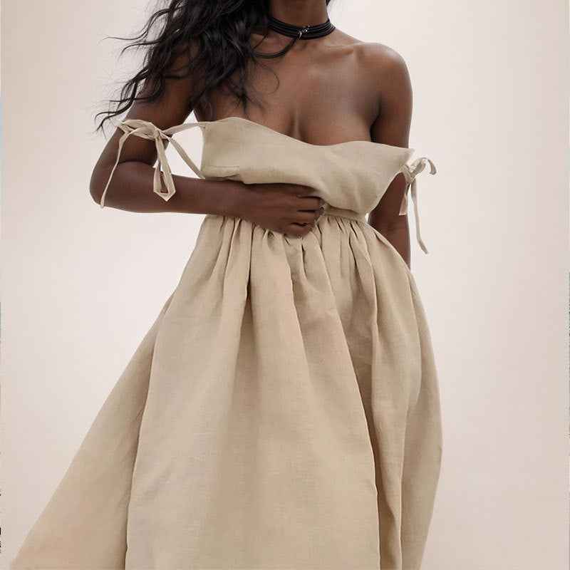 Women's A-line Midi Dress with V-neck, Open Back, Adjustable Straps, and Side Split Khaki