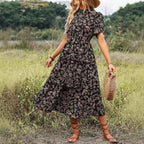 Women's Floral Midi Dress – Flowy Fit, Puff Sleeves, Layered Design