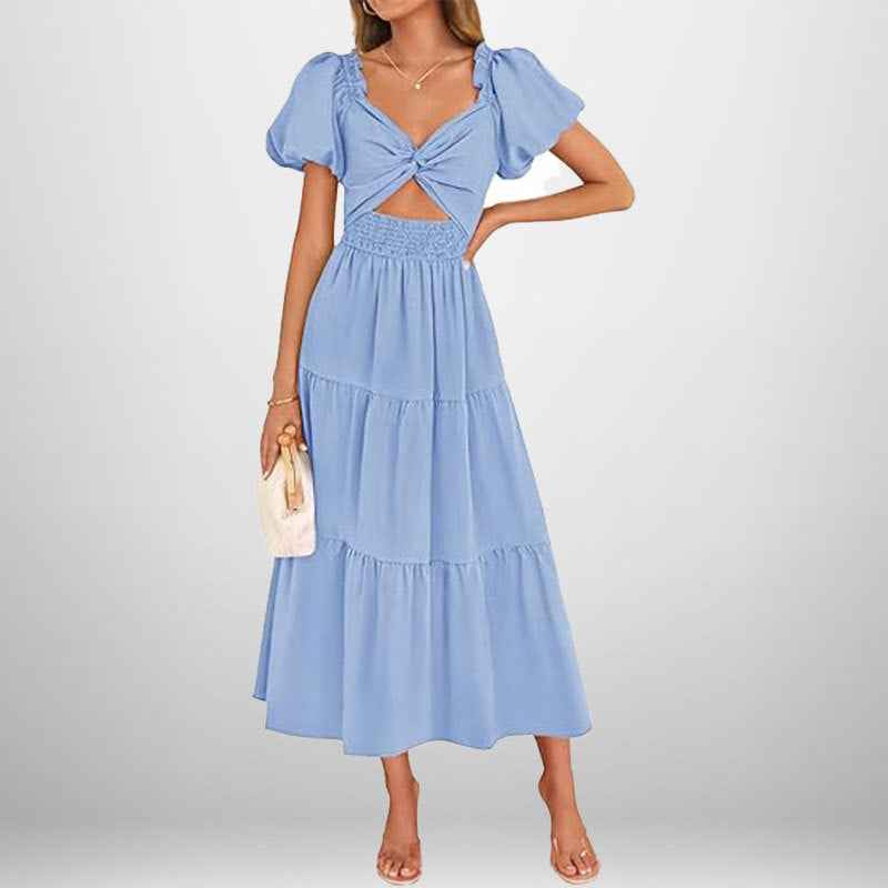 Women's A-Line Midi Dress with Smocked Waist, Puff Sleeves, and V-Neck – Cotton Blend Light Blue