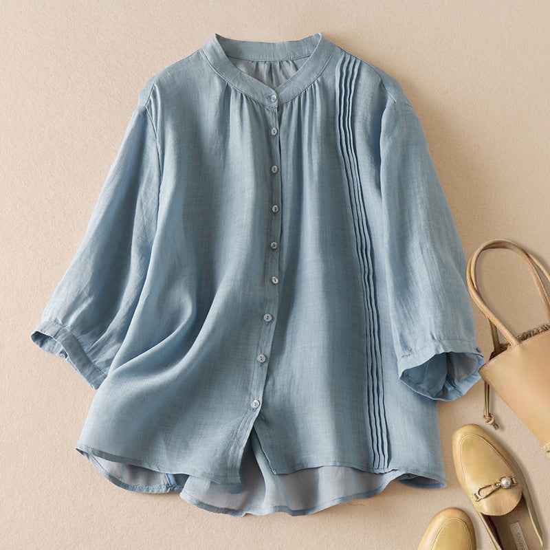 Women's Relaxed Fit Blouse with Half-Length Sleeves and Stand Collar – Pleated Detail – Made from Natural Fibers Blue