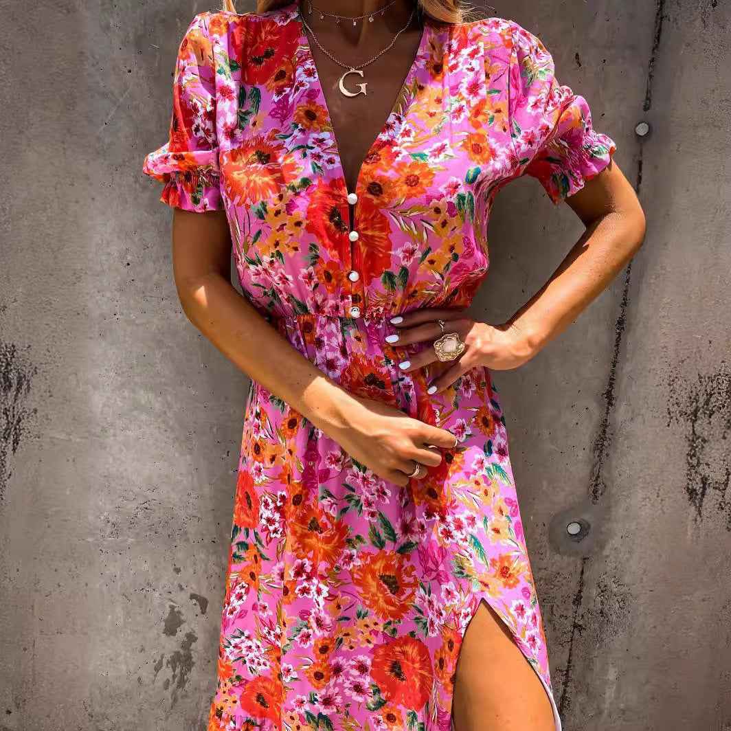 Women's Floral Print Maxi Dress - Relaxed Fit, High Waist, V-Neck, Side Split
