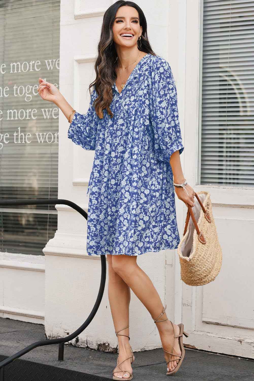Women's Bohemian Floral Midi Dress – V-neck, Relaxed Fit, Lantern Sleeves Blue