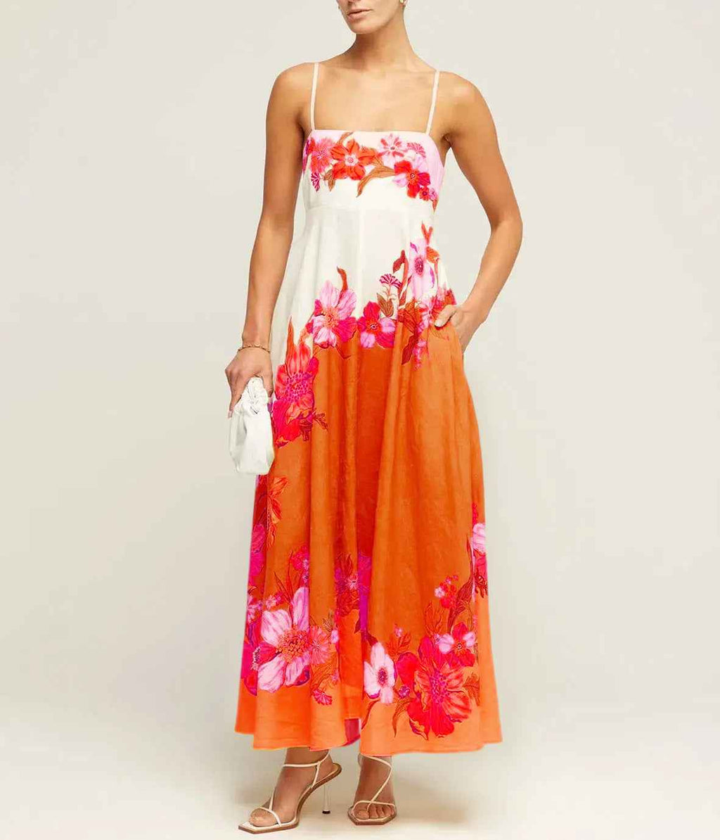 Women's A-Line Midi Dress with Smocked Bodice and Spaghetti Straps – Lightweight Cotton Red Flowers