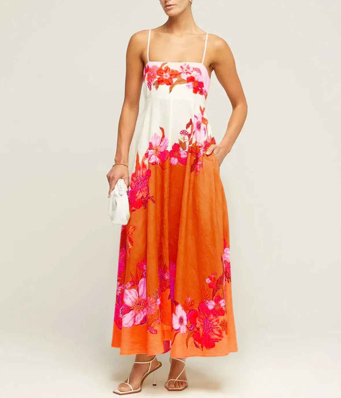 Women's A-Line Midi Dress with Smocked Bodice and Spaghetti Straps – Lightweight Cotton Red Flowers