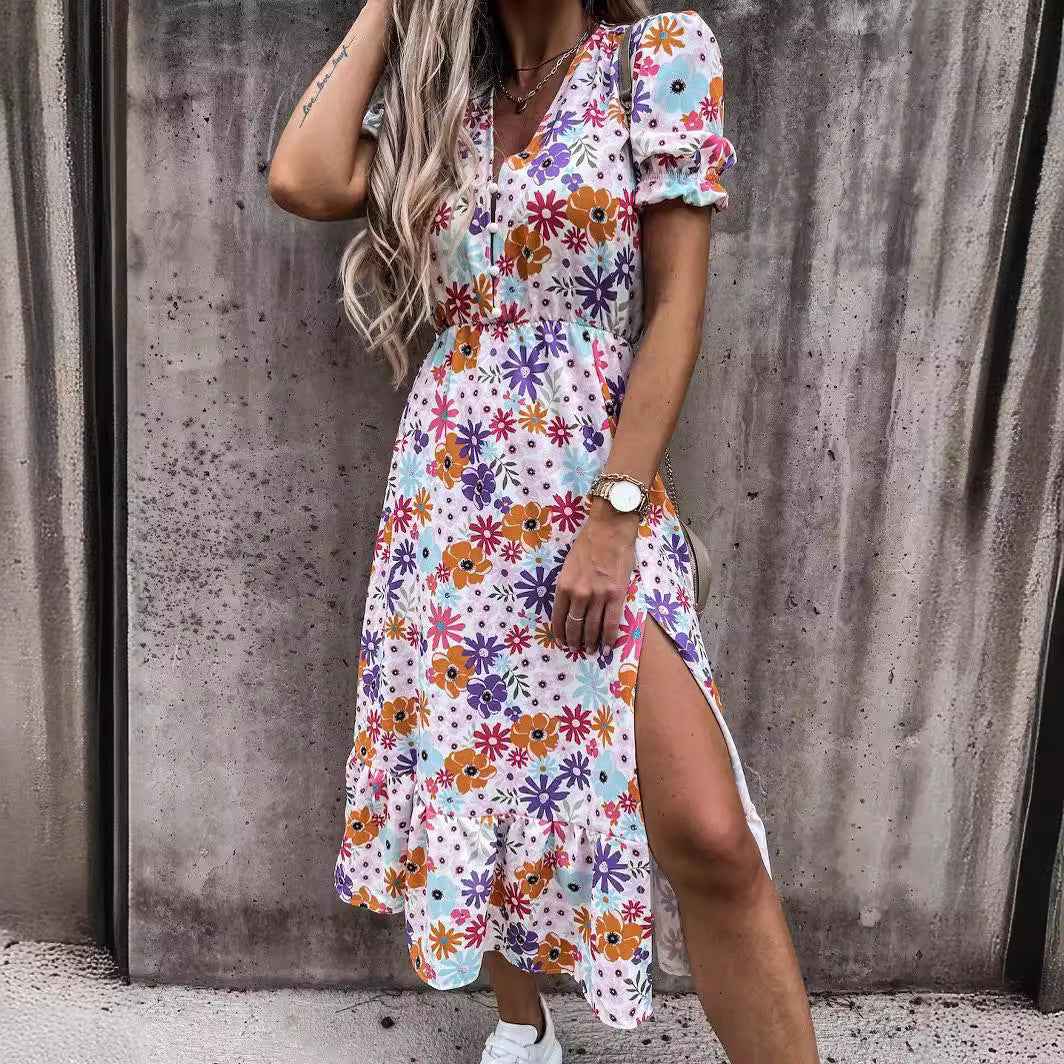 Women's Floral Print Maxi Dress - Relaxed Fit, High Waist, V-Neck, Side Split