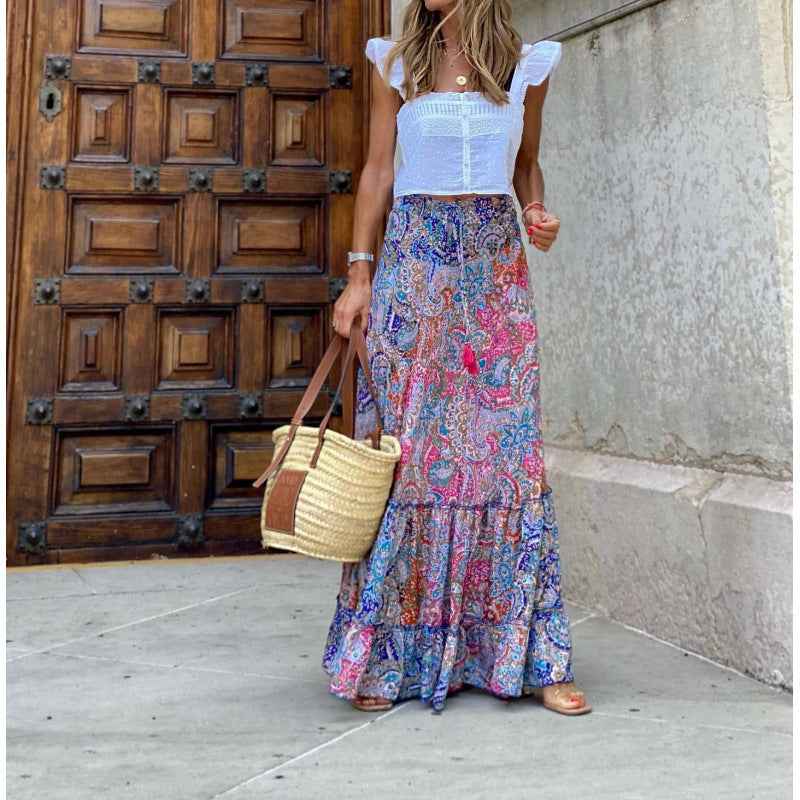 Women's Bohemian Print Maxi Skirt – Layered Design – Breathable Fabric Blue