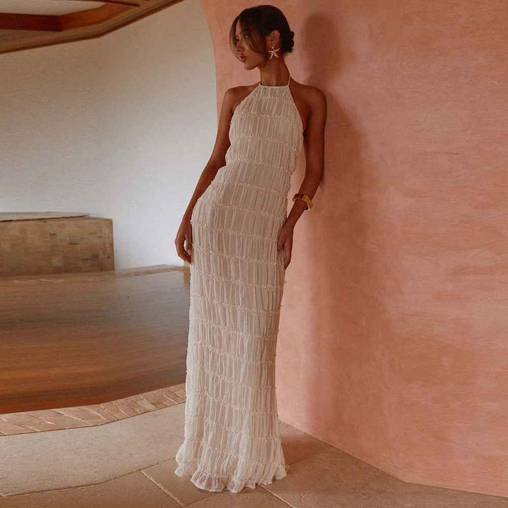 Women's Ruffled Halter Neck Maxi Dress – Figure-Hugging Open Back Eveningwear