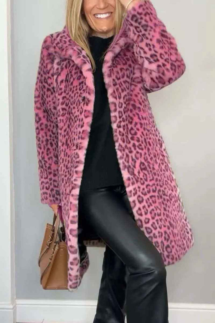 Women's Oversized Leopard Print Faux Fur Coat with Notched Collar Long Pink