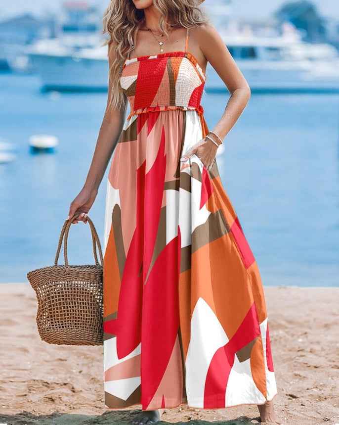 Women's Strapless Midi Dress – Smock Top with Flowing Skirt and Split – Printed Design Orange