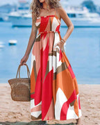 Women's Strapless Midi Dress – Smock Top with Flowing Skirt and Split – Printed Design Orange