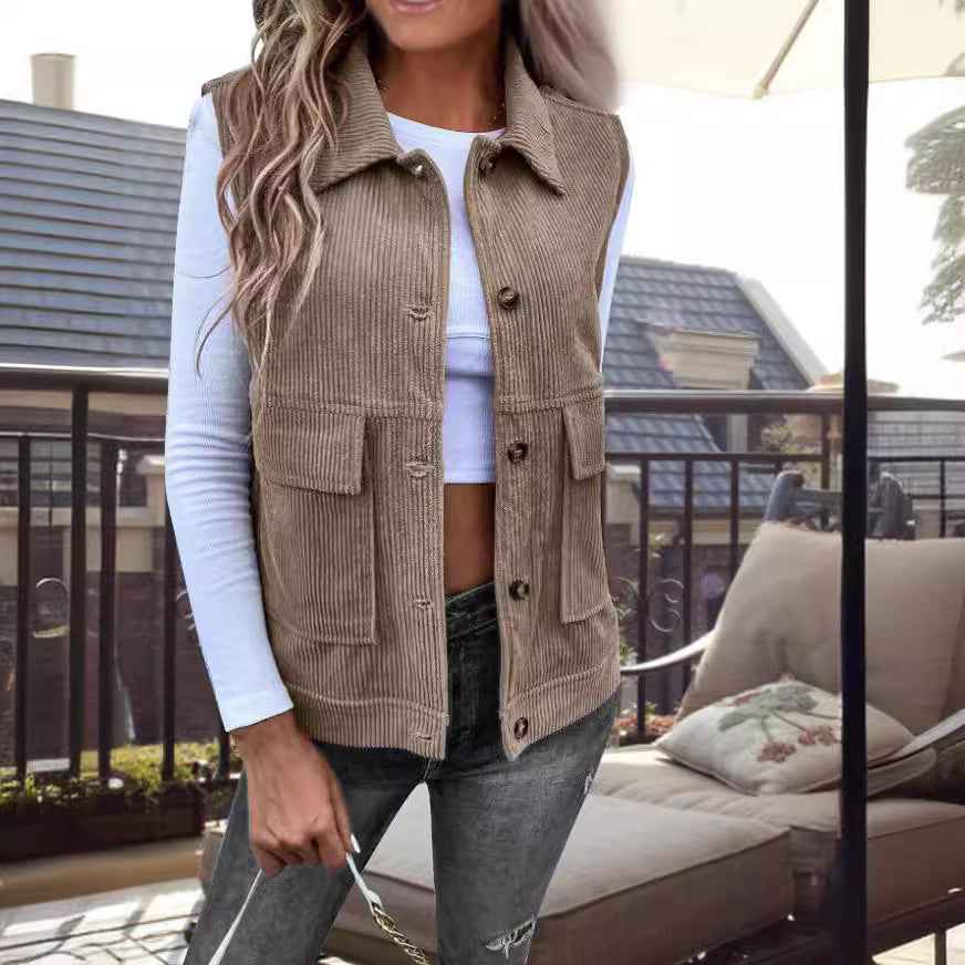 Women's Corduroy Gilet – Relaxed Fit with Button Closure & Utility Pockets Khaki