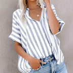 Women's Short Sleeve Striped Cotton Blouse – Relaxed Fit with Button Closure Light Grey