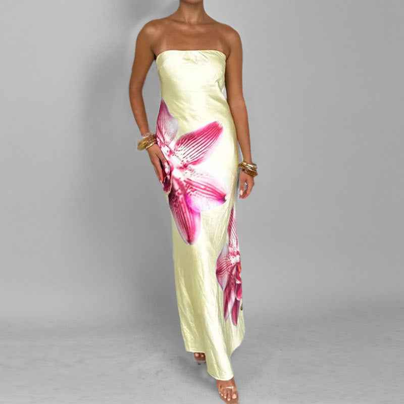 Women's Floral Print Strapless Maxi Dress – Slim Fit – Lightweight & Breathable