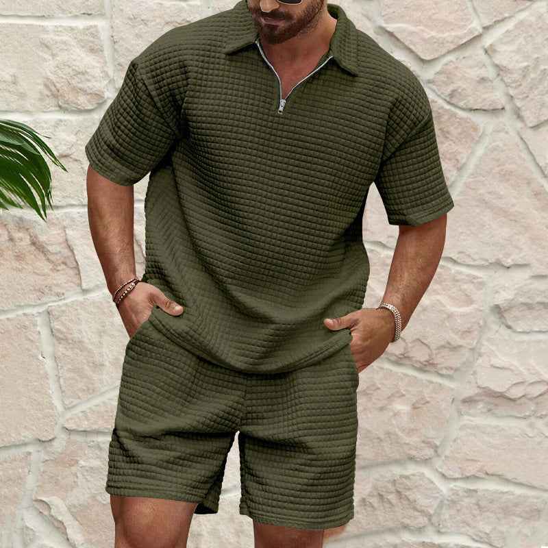 Men's Relaxed Fit Waffle Texture Set – Breathable Short Sleeves & Shorts Army Green