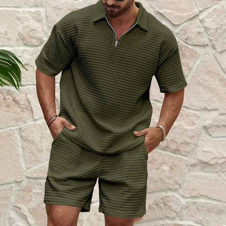 Men's Relaxed Fit Waffle Texture Set – Breathable Short Sleeves & Shorts Army Green