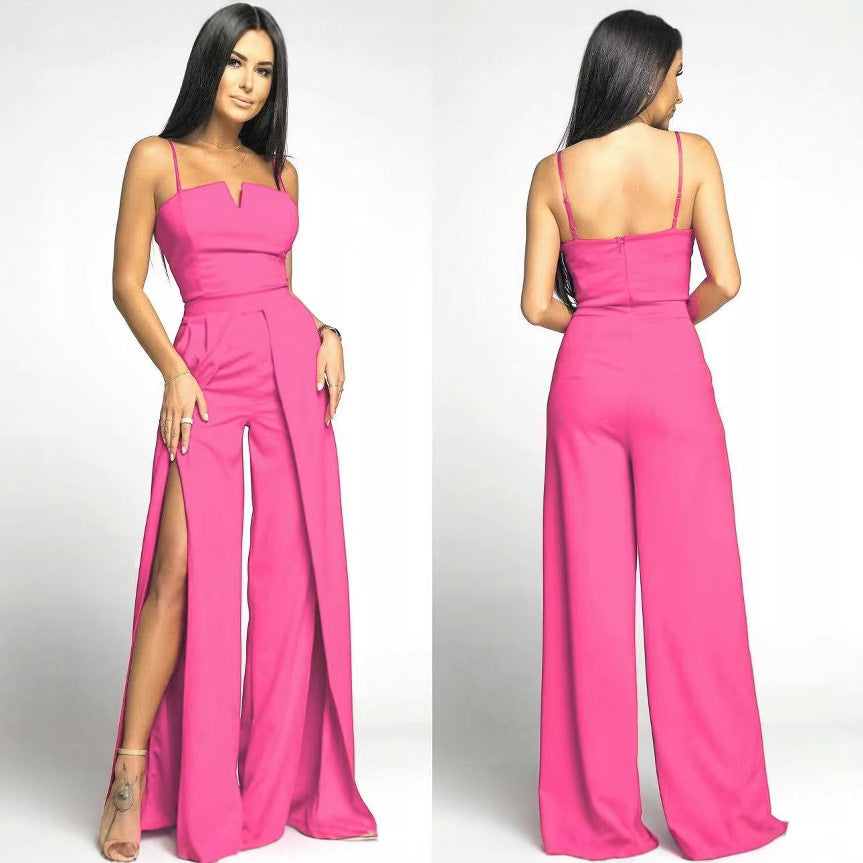 Women's Strapless Slim Fit Jumpsuit – Elegant Wide Leg Design with Front Slit Glitter