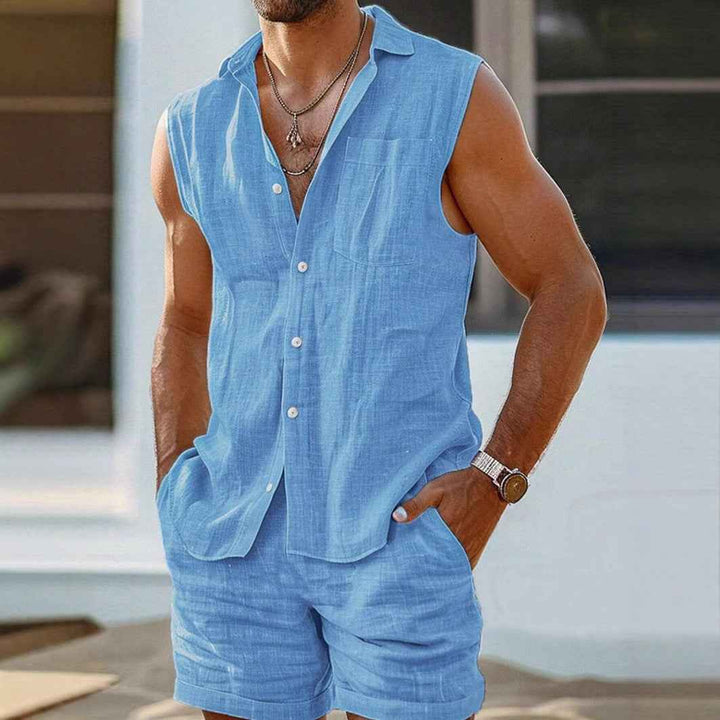 Men's Sleeveless Set – Loose Fit – Breathable Casual Fabric – Button Closure Sky Blue