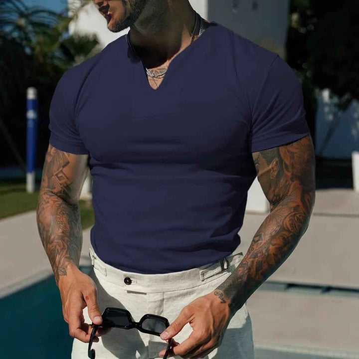 Men's V-Neck Slim Fit T-Shirt – Breathable Stretch Fabric – Short Sleeves Navy Blue