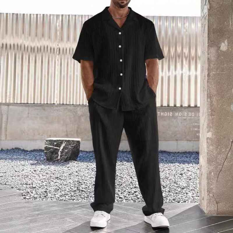 Men's Casual Short Sleeve Shirt & Straight Pants Set – Breathable Comfort Black