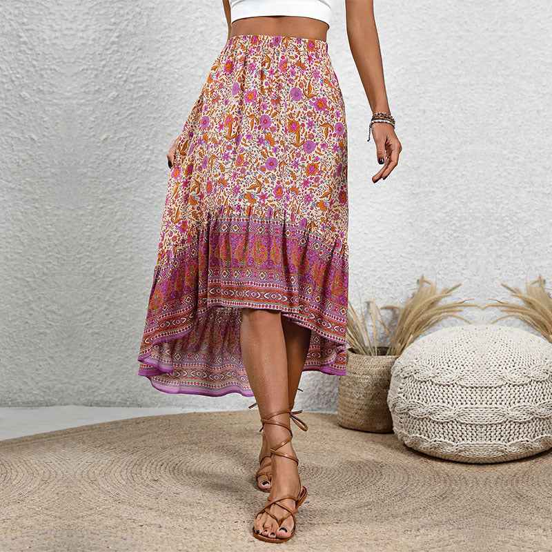 Women's Bohemian Midi Skirt – Floral Paisley Print – Cotton with Elastic Waist Red