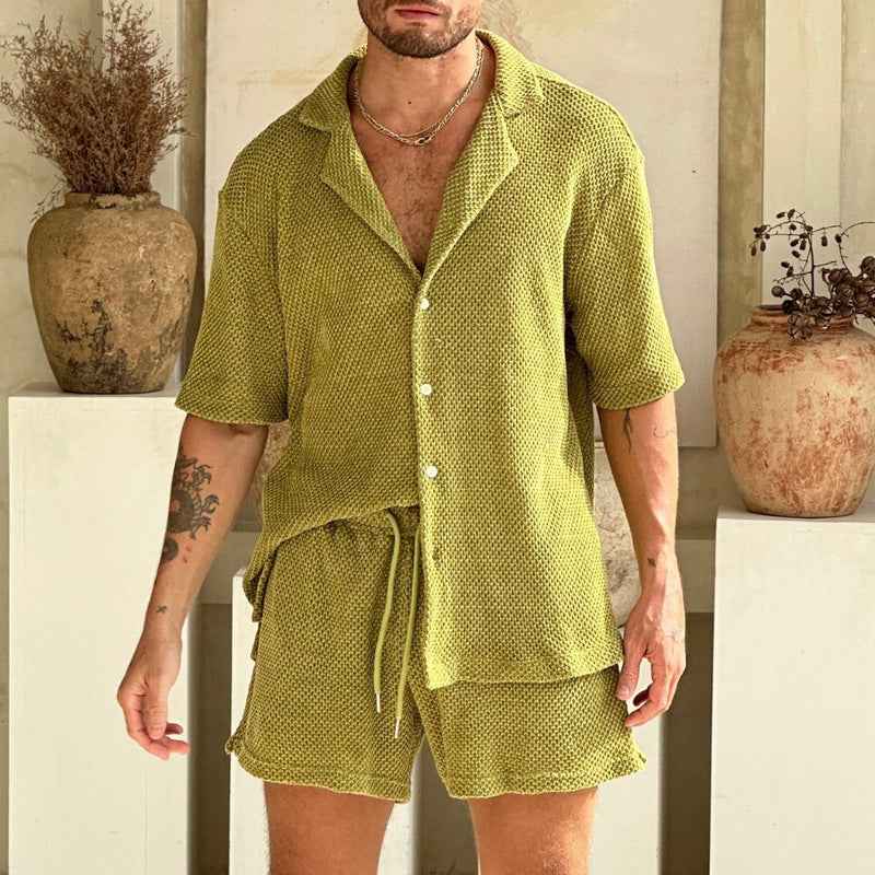 Men's Casual Button-Up Shirt and Drawstring Shorts Set – Relaxed Fit, Breathable Fabric