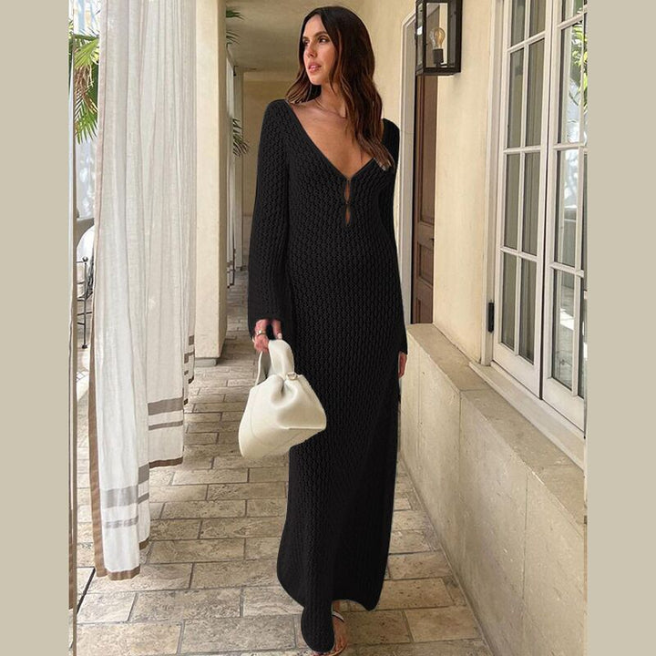 Women's Crocheted Maxi Dress – V-Neck Tie Detail – Loose Fit Black