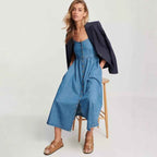 Women's A-Line Denim Midi Dress with Adjustable Straps and Elastic Back
