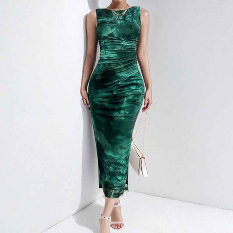 Women's Elegant Midi Dress – Sleeveless, Slim Fit with Side Slit Print Dark Green