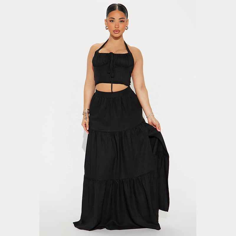 Women's High Waist Maxi Skirt – Layered Ruffle Design – Airy & Breathable Fit Black