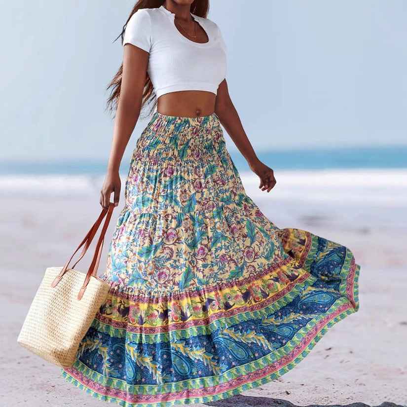 Women's Floral Print Strapless Dress – Cotton Blend – Flared & Convertible Design Blue