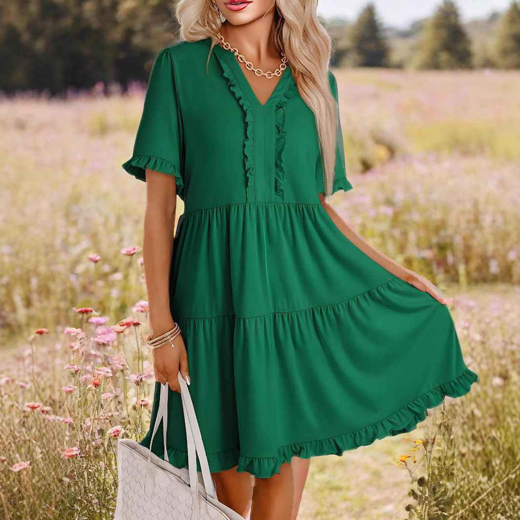 Women's Lightweight A-line Dress with V-neck, Ruffles, and Short Sleeves