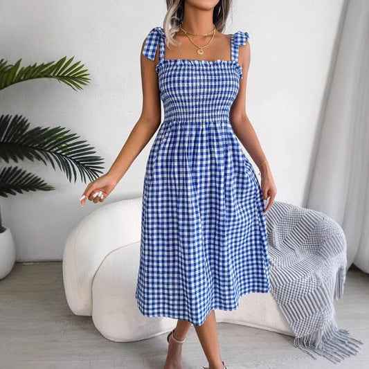 Women's Slim Fit Midi Dress – Checked Print – Smocked Bodice – Tie Strap Shoulders