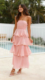 Women's Midi A-Line Strapless Dress with Fitted Bodice and Airy Ruffle Tiers