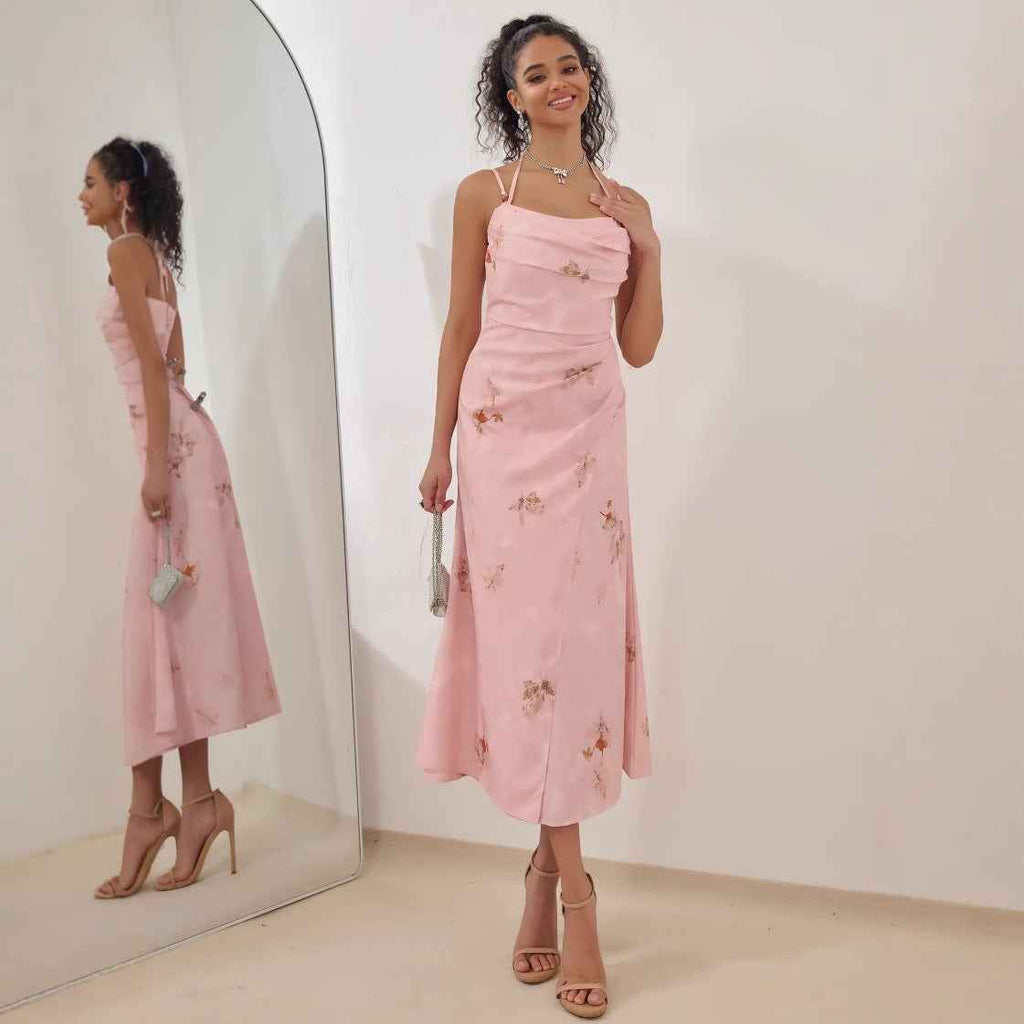 Women's A-Line Midi Dress – Satin Finish – Strappy Floral Design Pink