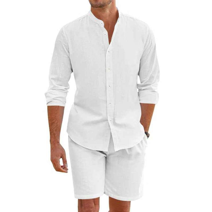 Men's Relaxed Fit Linen Blend Button-Up Shirt and Shorts Set White
