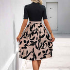 Women's A-Line Midi Dress with Ribbed Knit Top, Short Sleeves, and Bow Detail