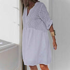 Women's A-Line Midi Dress - Cotton, Embroidered, V-Neck with Buttons