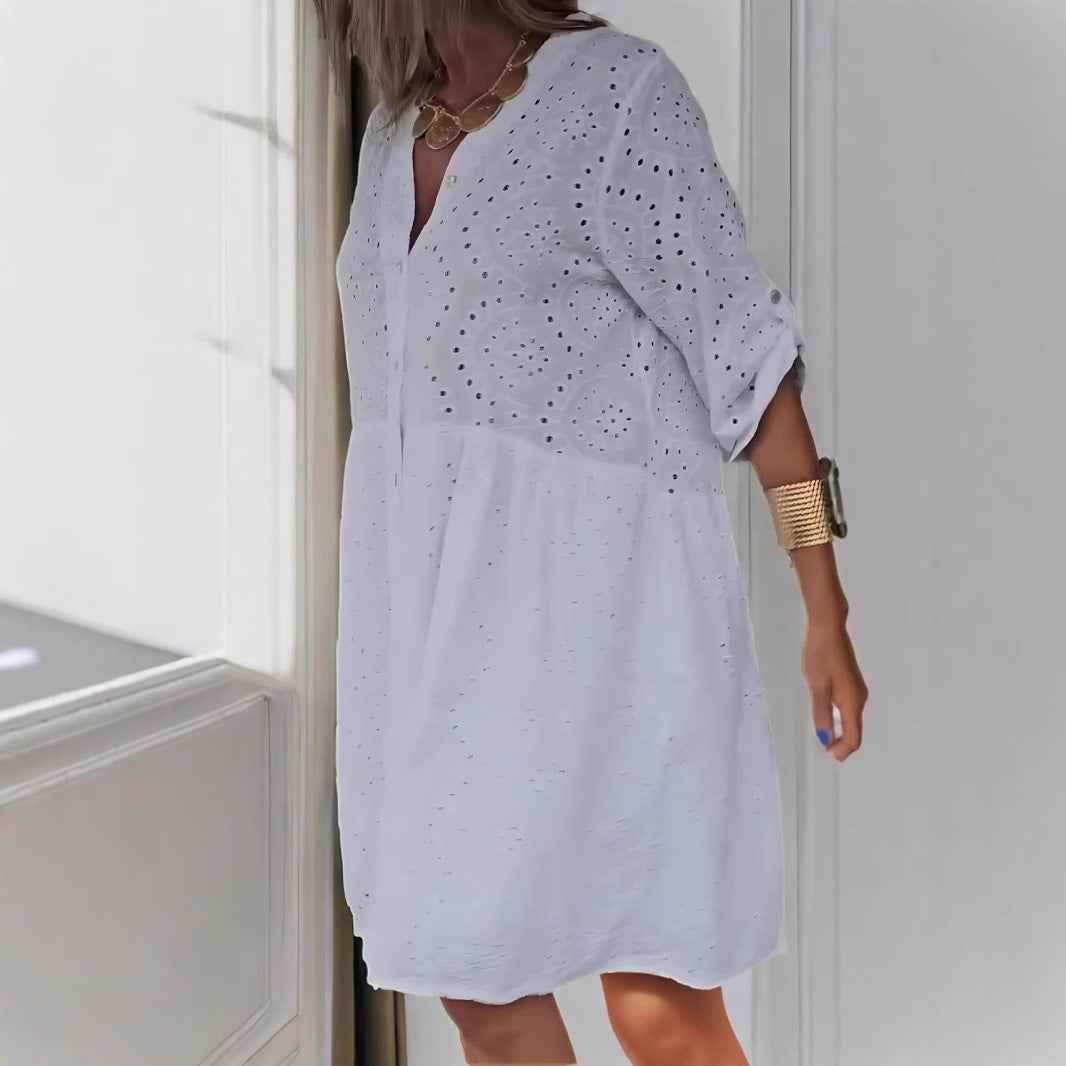 Women's A-Line Midi Dress - Cotton, Embroidered, V-Neck with Buttons