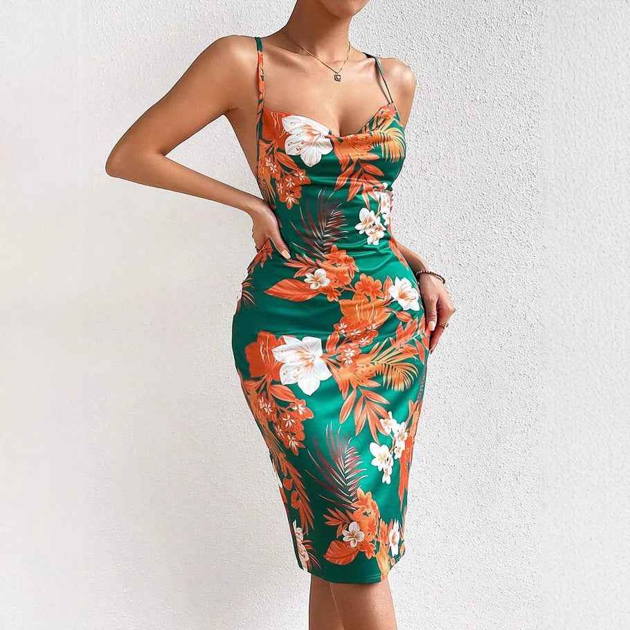 Women's Floral Print Midi Dress – Fitted with Spaghetti Straps & Scoop Neck Green