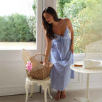 Women's Striped Midi Dress – V-Neck, Spaghetti Straps, Button Detail – Lightweight Cotton