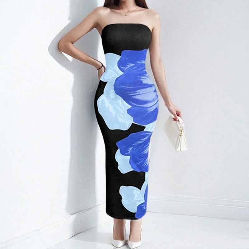 Women's Floral Print Maxi Dress – Slim Fit – Soft Strapless Design Black Blue